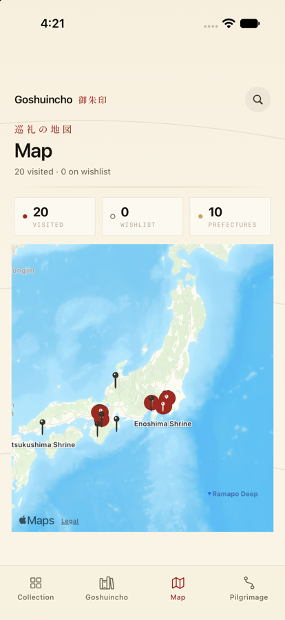 The map screen: vermillion map pins across several Japanese prefectures on a cream-toned map.